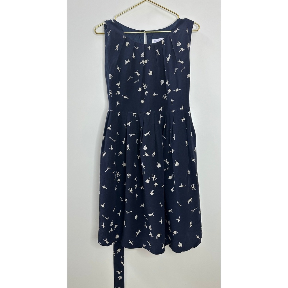 Rachel Riley Silk Dress Girls Size 7 Navy Toy Print Sleeveless Pleated Tie Waist - Picture 2 of 15